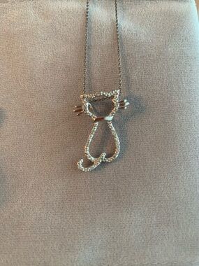 Vintage Sterling Silver Cat Necklace 925 CZ Pave Pendant 18” Italy Kitty